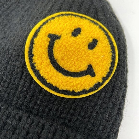 Smiley Face Knit Stocking Cap Hat Black - Picture 4 of 5